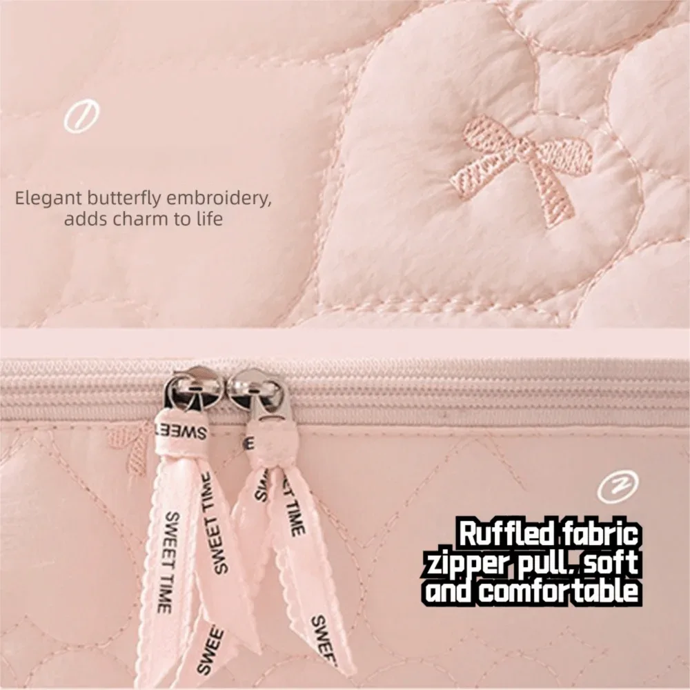 pochette de maquillage matelassée tendance, légère, avec nœud en forme de cœur, grande capacité, sac de toilette de voyage pour femmes