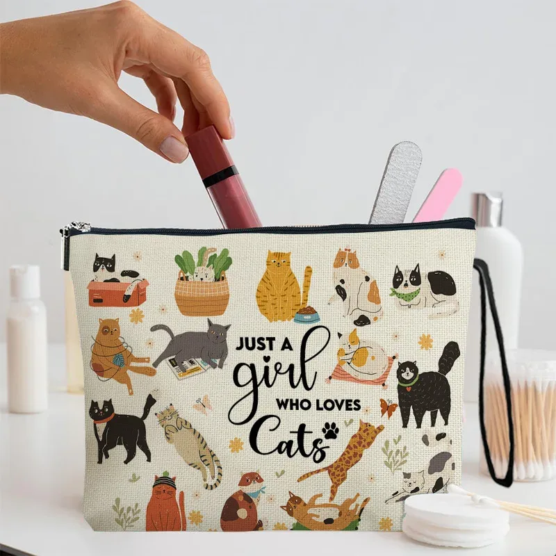 sac de maquillage chat mignon de dessin animé pour femmes, pochette de rangement multifonctionnelle, sac de lavage à fermeture éclair pour cosmétiques, sac de maquillage portable simple de voyage