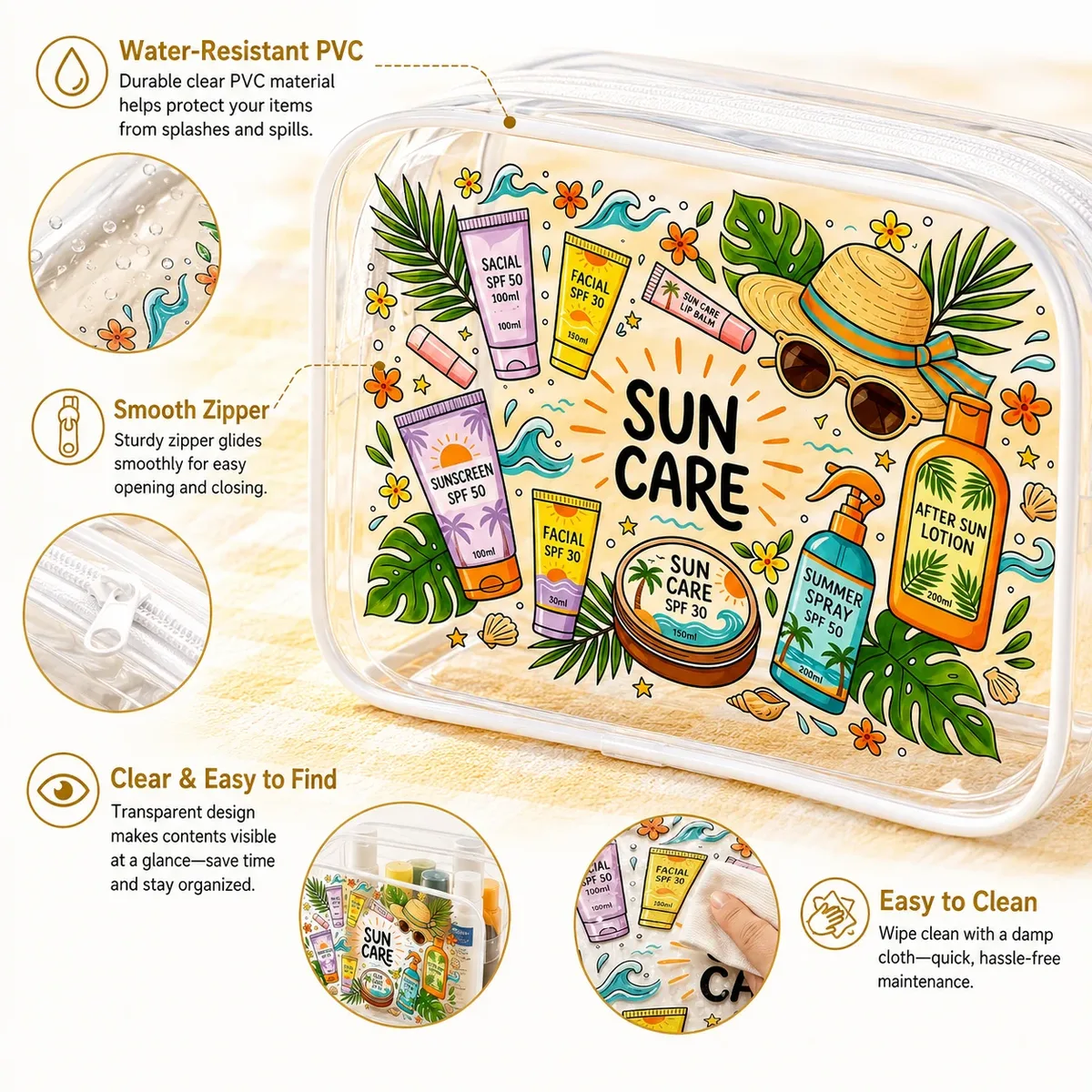 trousse de toilette transparente en pvc imprimée sun care, pochette de voyage imperméable pour cosmétiques, organisateur de maquillage pour femme, rangement pour soins de la peau à la plage