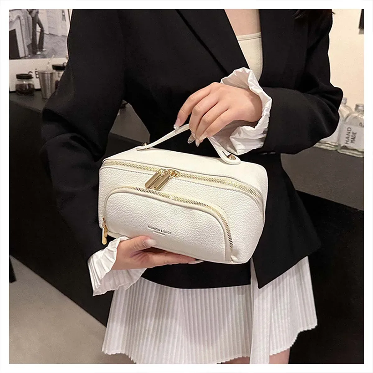 sac de maquillage nuage en cuir pu, oreiller, trousse de maquillage portable de grande capacité, trousse de toilette de voyage, sac de rangement de cosmétiques, motif litchi