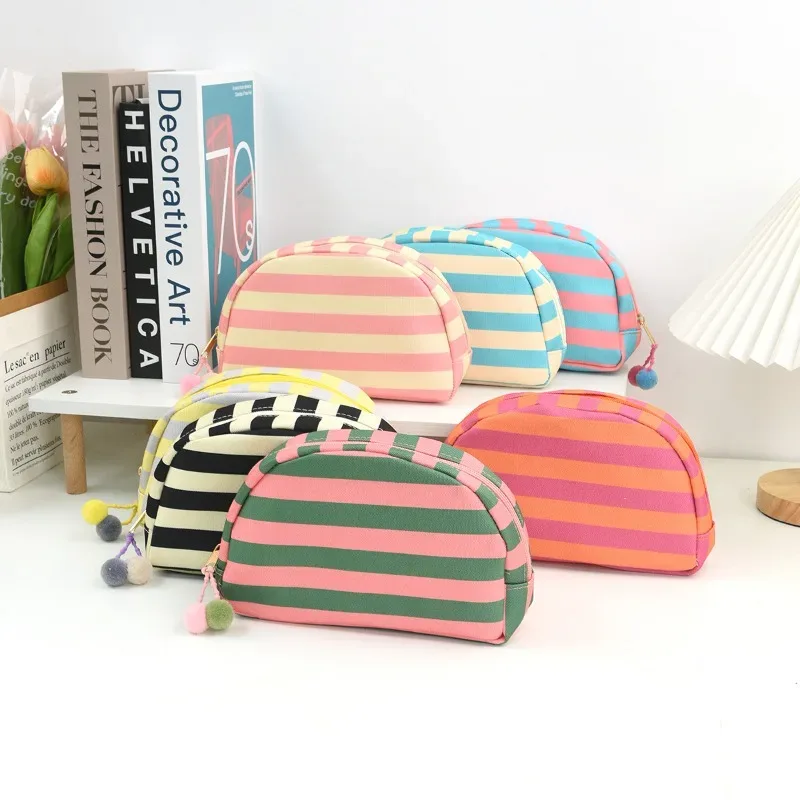 sac de rangement cosmétique rayé personnalisé avec logo imprimé, grande capacité, sac de rangement dopamine, sacs de rangement cosmétiques de voyage simples et tendance