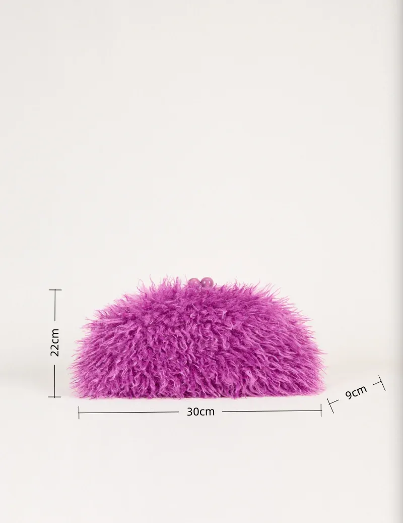 sac à main pochette en fausse fourrure kisslock pour femme, chaud et élégant pour l'hiver, avec fermoir à cadre et chaîne bandoulière, gris foncé, rouge, jaune