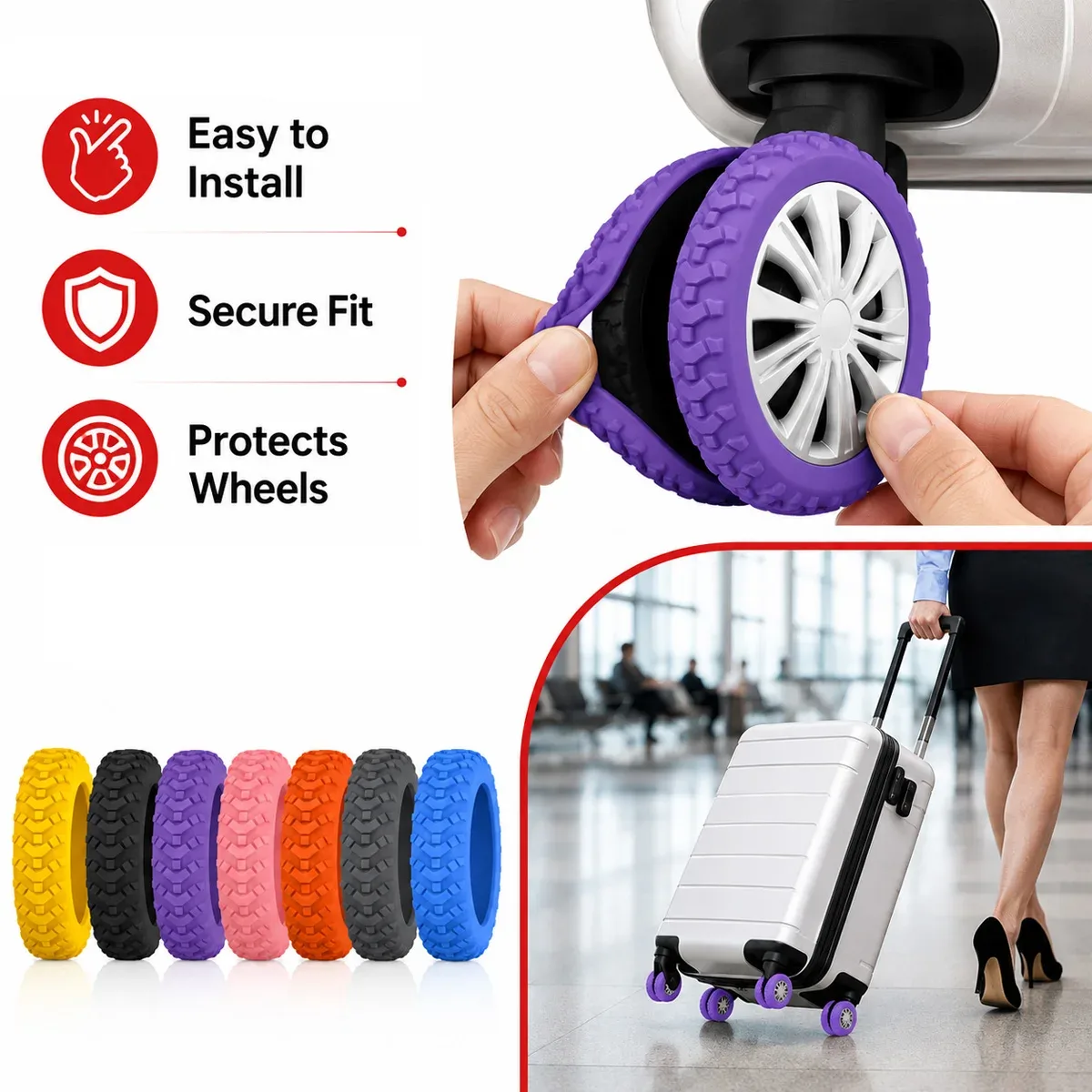 protection roue silicone silencieuse souple antidérapante usure voyage valise roulement stabile choc absorption instalation facile