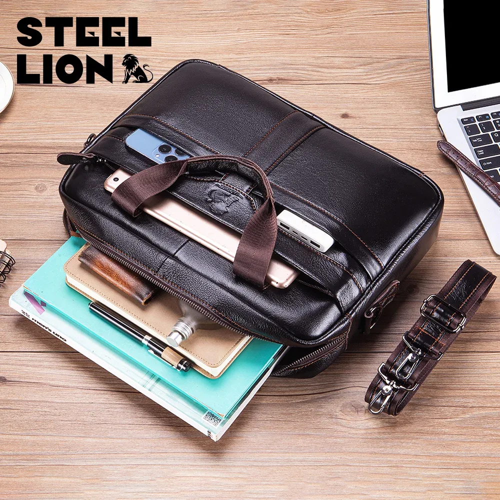 sacoche en cuir pour homme, grande capacité, sac de bureau professionnel, sac pour ordinateur en cuir de vache, peut être porté à la main ou à l'épaule.
