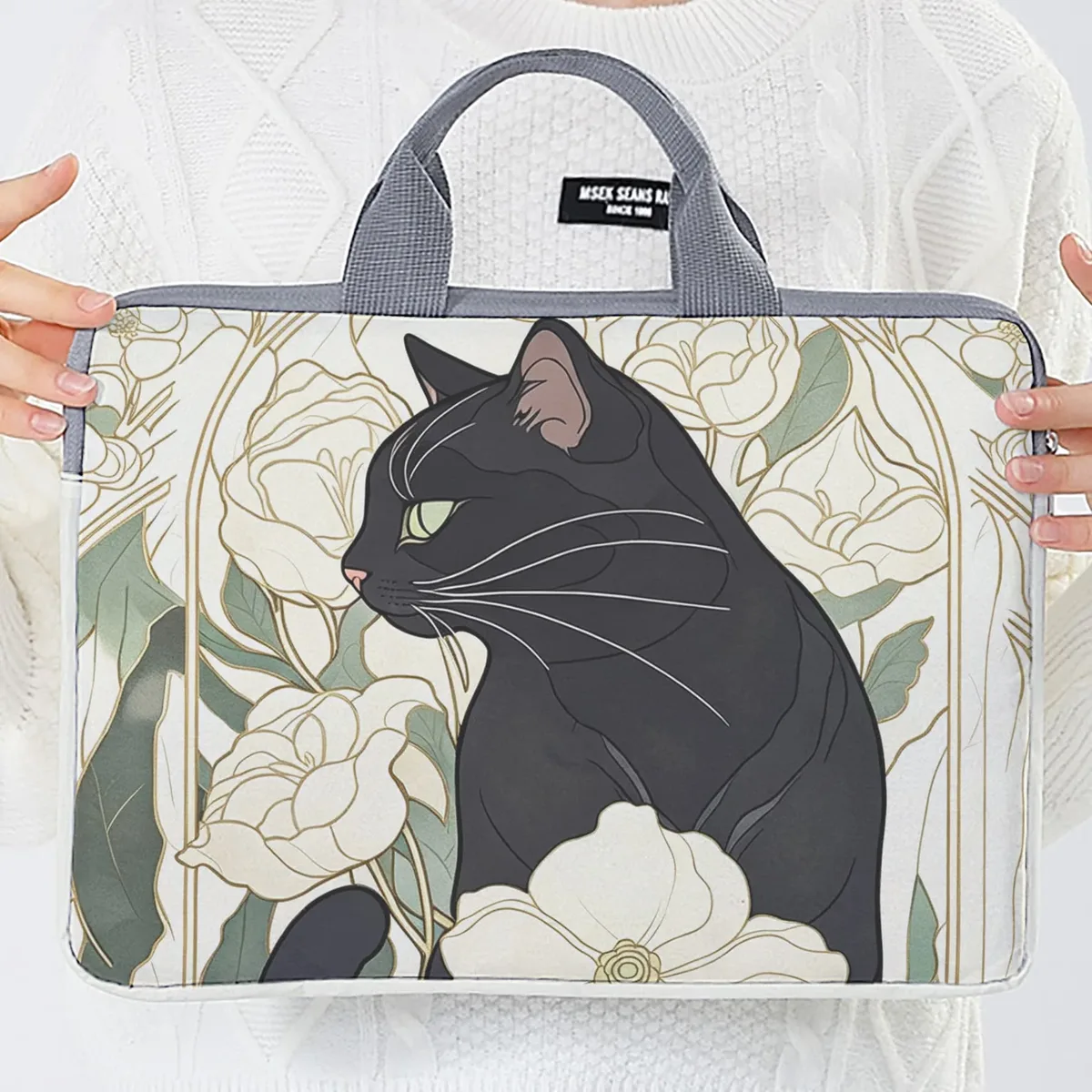 housse ordinateur portable impression chat noir fleurs polyester protection voyage travailler transport document travail