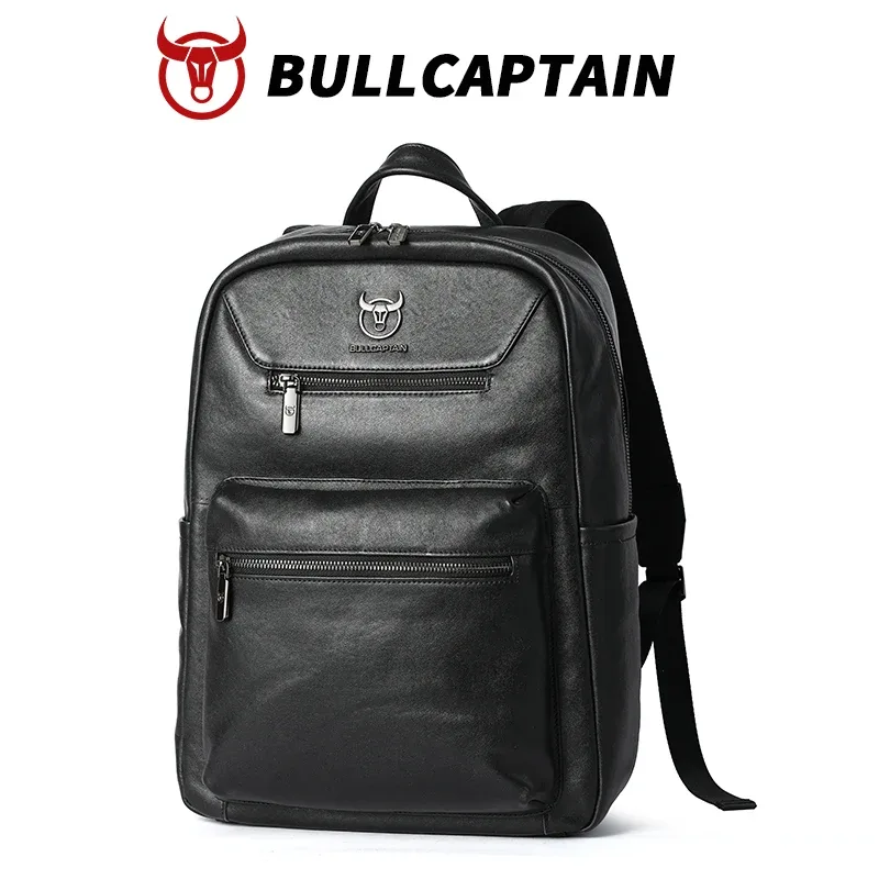 Sac Dos Cuir Vache Polyester Noir Compartiment Ordinateur Portable Fermeture Éclair Unisexe Voyage Business Sport