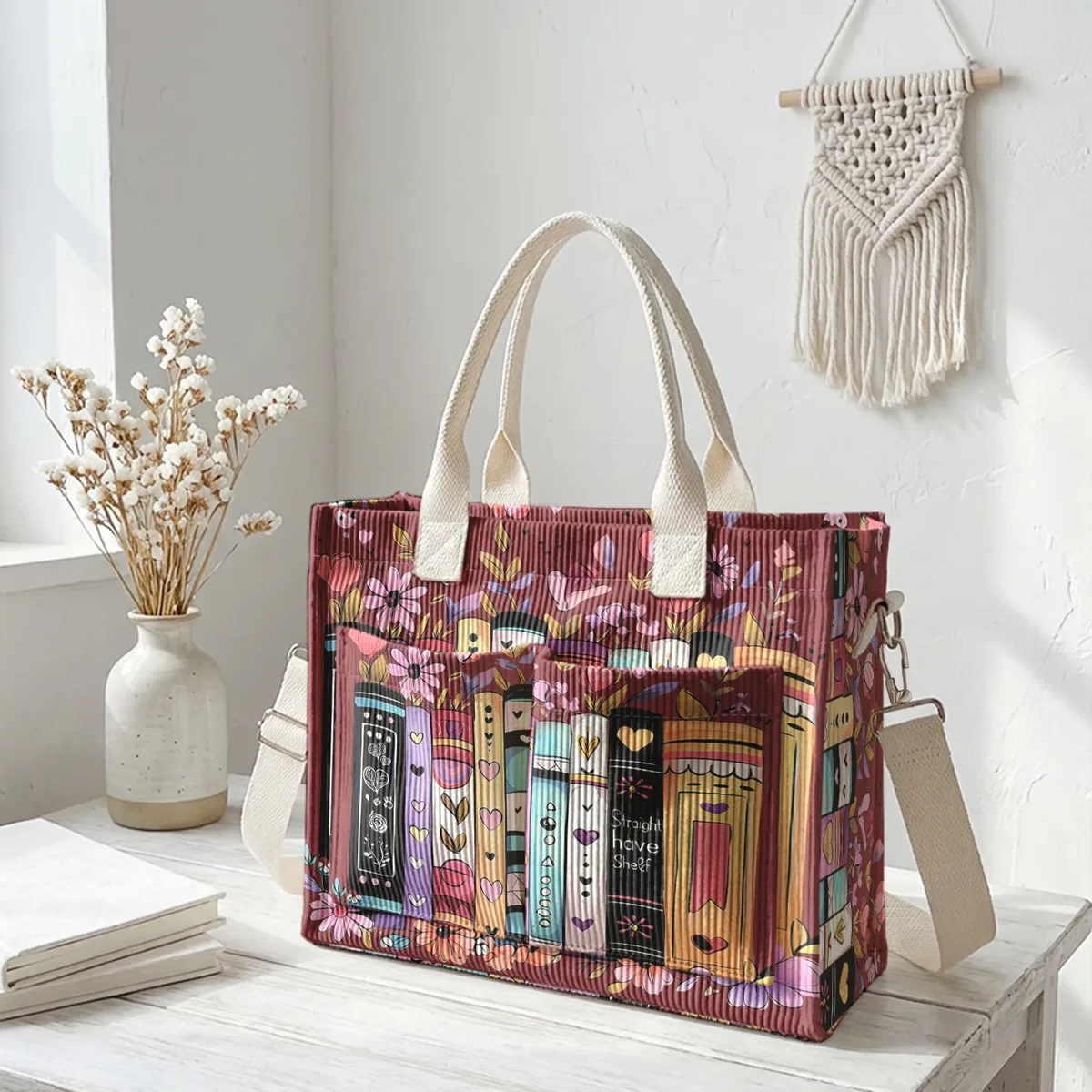 sac fourre-tout en velours côtelé imprimé livres et fleurs colorés, grande capacité, multi-poches, sac à bandoulière pour les trajets quotidiens