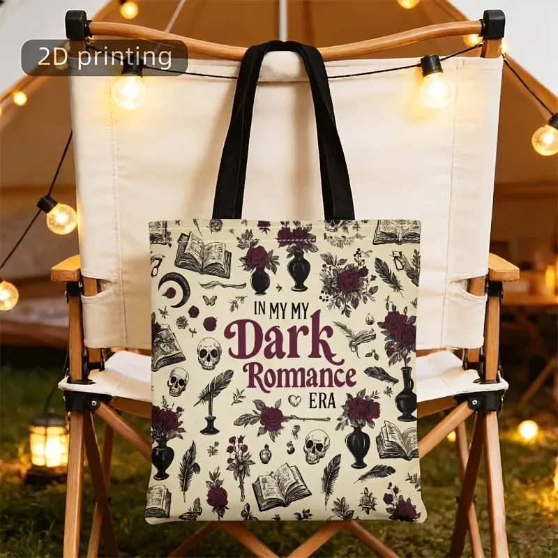 sac fourre-tout gothique romantique, motif vintage de crâne, roses rouges et plumes, sac à main réutilisable en toile pour les amoureux des livres