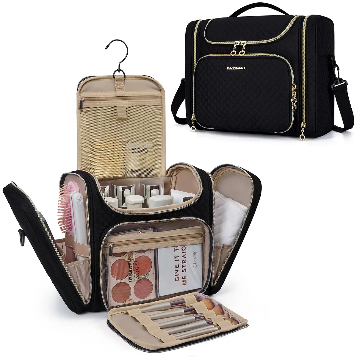 trousse toilette cosmétique pvc noir doré grande capacité organisateur voyage compartiments séparés humidificateur maquillage