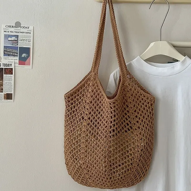 nouveau sac à bandoulière décontracté en coton tricoté grande capacité, style paresseux, avec motif ajouré en paille, pour femme, idéal pour les vacances et la plage