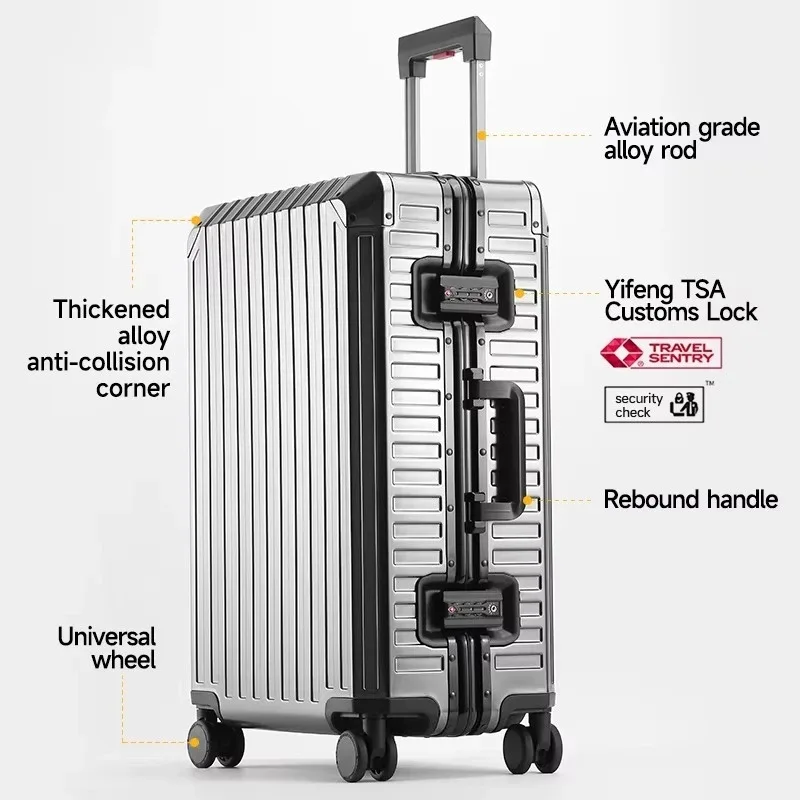 valise de luxe pour hommes d'affaires en alliage d'aluminium-magnésium à 100 %, avec roulettes pivotantes, serrure tsa, pour voyages, 20/24/26/29 pouces