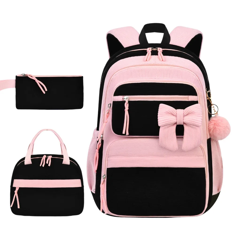 sac dos nylon dessin animé violet cerises rouges sac lunch boîte crayons poignees pompons compartiment isolant visibilite sécurité enfants