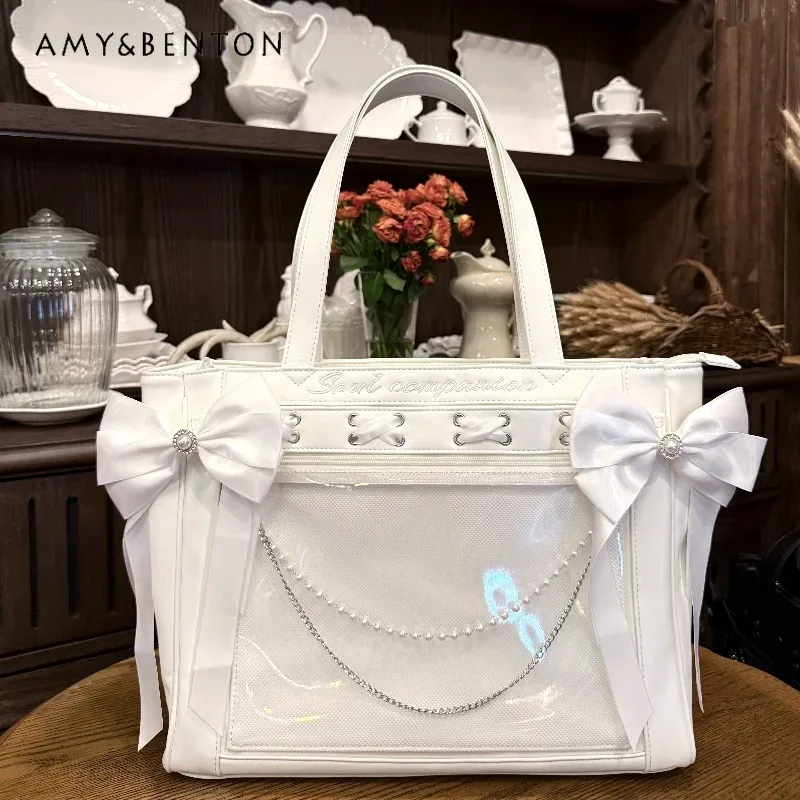 sac messager en cuir pu série sc mine, sac fourre-tout avec nœud en strass, ruban et pendentif perle, grande capacité, itabag bidimensionnel pour femme