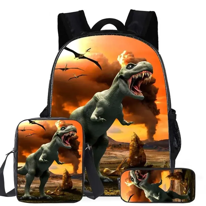 classique populaire dessin animé dinosaure 3d imprimé 3 pièces/ensemble élèves sacs d'école sac à dos pour ordinateur portable sac à dos sac à bandoulière incliné trousse à crayons