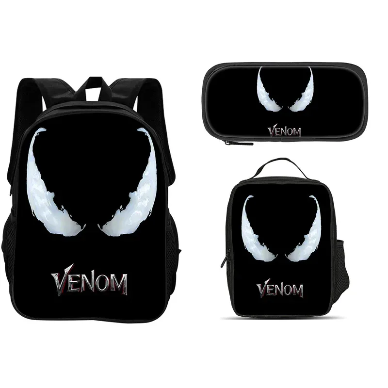ensemble de 3 pièces du film venom : sac à dos + sac à lunch + trousse à crayons, papeterie de voyage à la mode, cadeau pour enfants, école, polyvalent