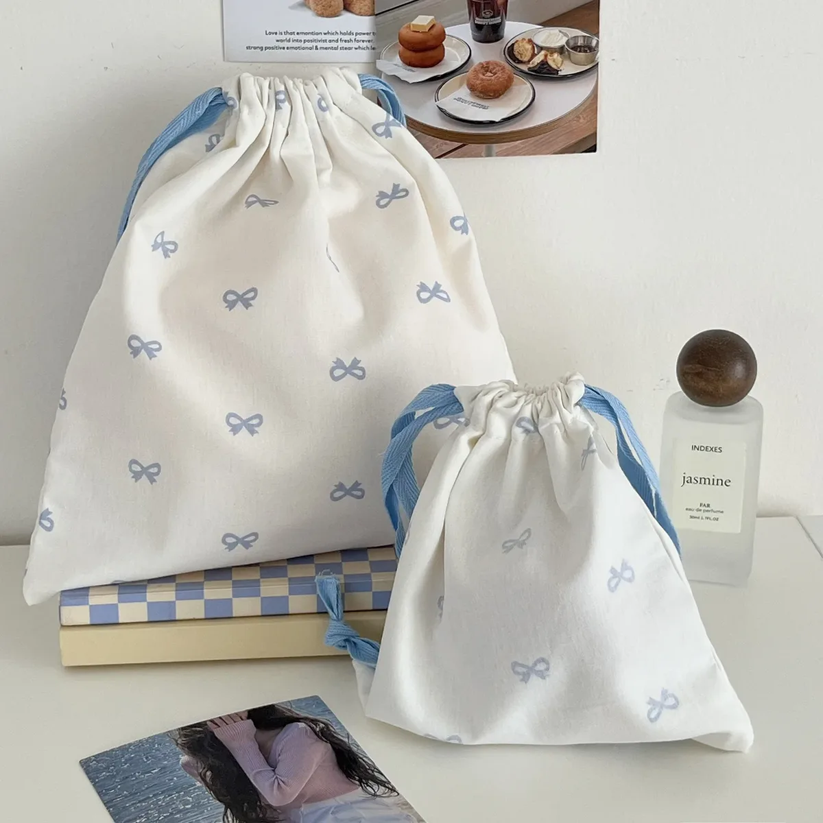 sac de rangement en toile avec nœud imprimé pour femme, sacs à main mignons pour filles d'université, sacs à cordon de proximité, étui de maquillage de voyage portable simple pour femme
