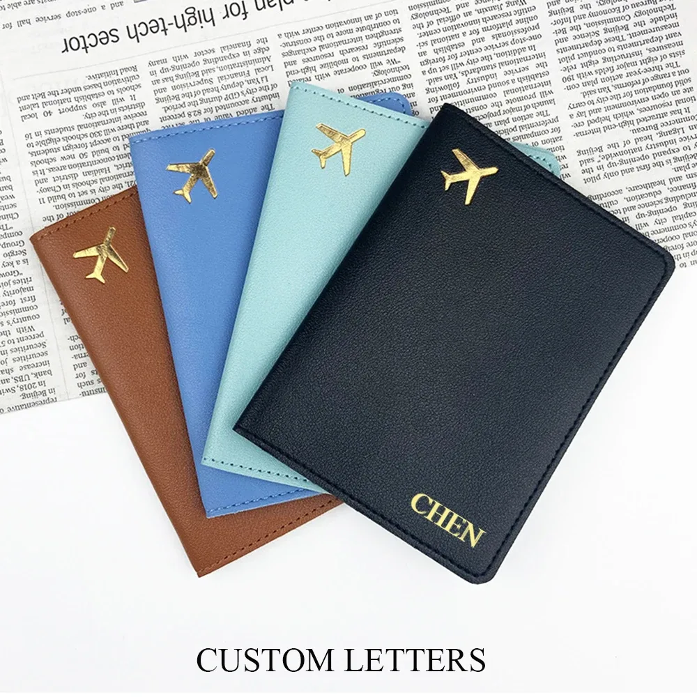 porte-passeport avec initiales personnalisées, couverture d'accessoires de voyage en avion doré, nom personnalisé, cadeau de mariage, logo de l'entreprise, manchon de passeport