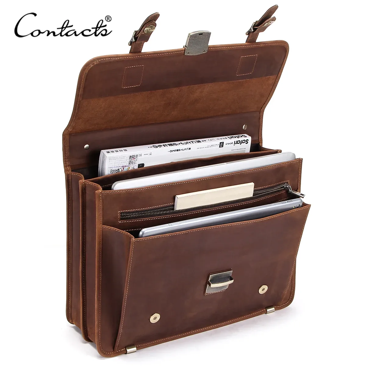 porte documents cuir vrai crazy horse marron foncé accents dorés compartiments poignées robustes sac main bandoulière voyage bureau