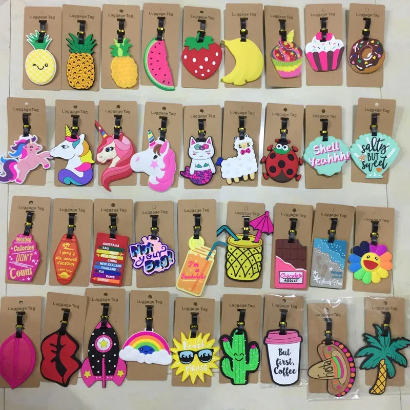 étiquette bagage plastique pvc silicone motifs dessin animé fruits animaux gâteaux licorne visages souriant coeurs avions rose blanc bleu vert jaune violet voyage