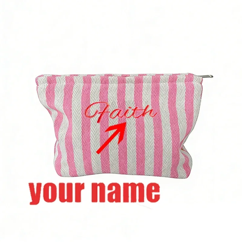 sac de maquillage coloré brodé personnalisé avec monogramme pour femme, pochette de toilette rayée pastel, cadeau evjf pour la douche nuptiale