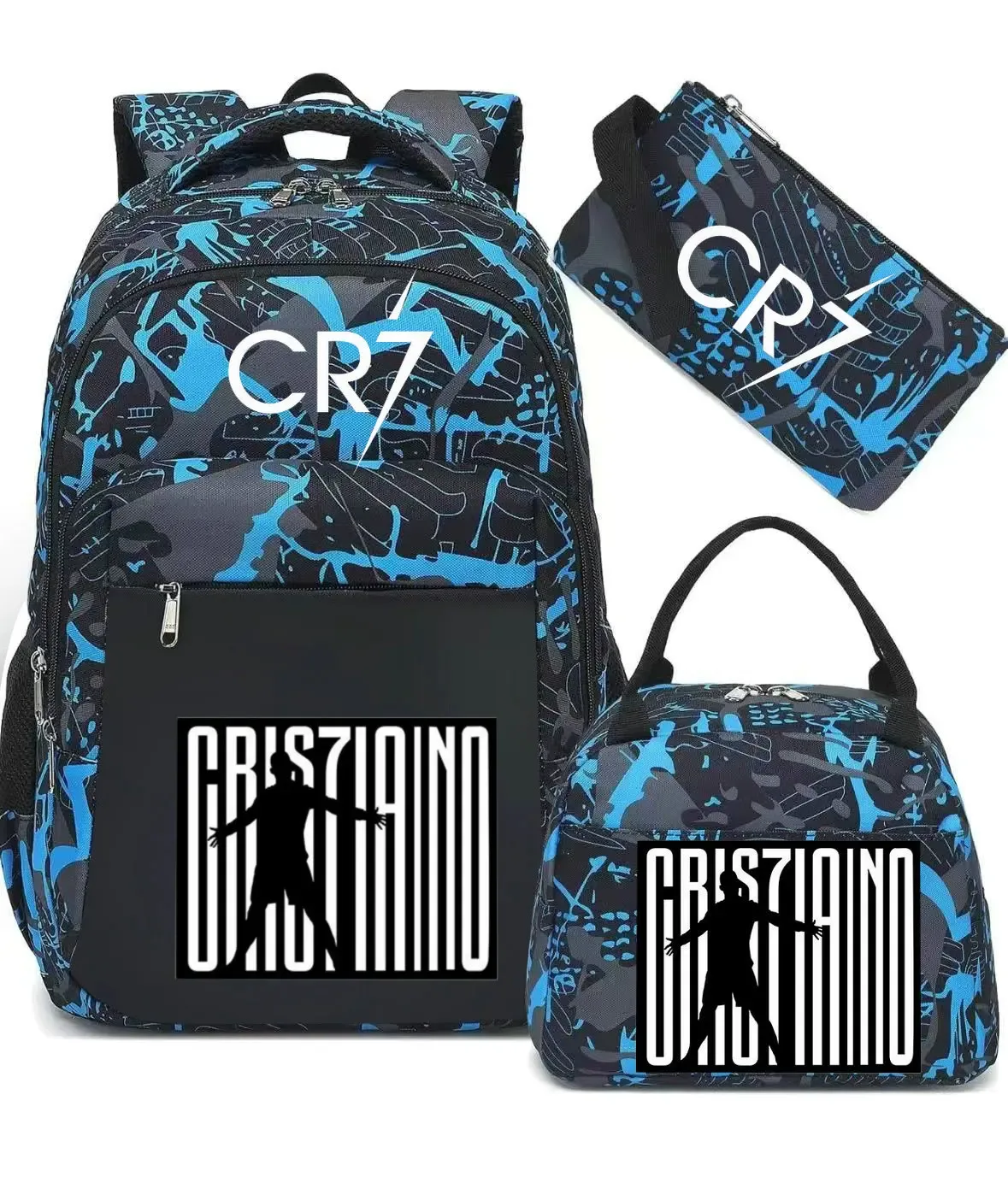 sac polyestere noir motif graphique sac dos pochette lunch cr7 cristiano voyage école adolescents femmes hommes