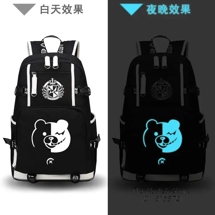 sac dos toile oxford noire dessin animé monokuma couronne ailes capacité 20 35 litres port usb bandes renfort blancs