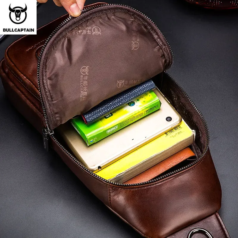 bullcaptain-sac de poitrine en cuir véritable pour homme, sac à bandoulière multifonctionnel, sac de poitrine de musique, mode loisirs