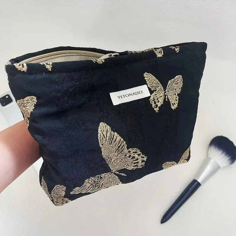 sac à cosmétiques pour femmes, étui vintage en tissu jacquard floral rouge foncé, pochette de rangement de maquillage avec fermeture éclair, petit grand sac pour brosses de toilette