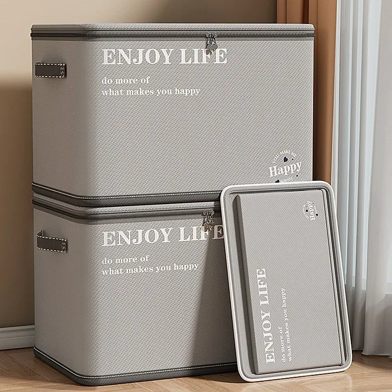 Organiseur de placard robuste en tissu non tissé, pliable, avec poignées en similicuir, pour couvertures d'hiver et jouets, gris