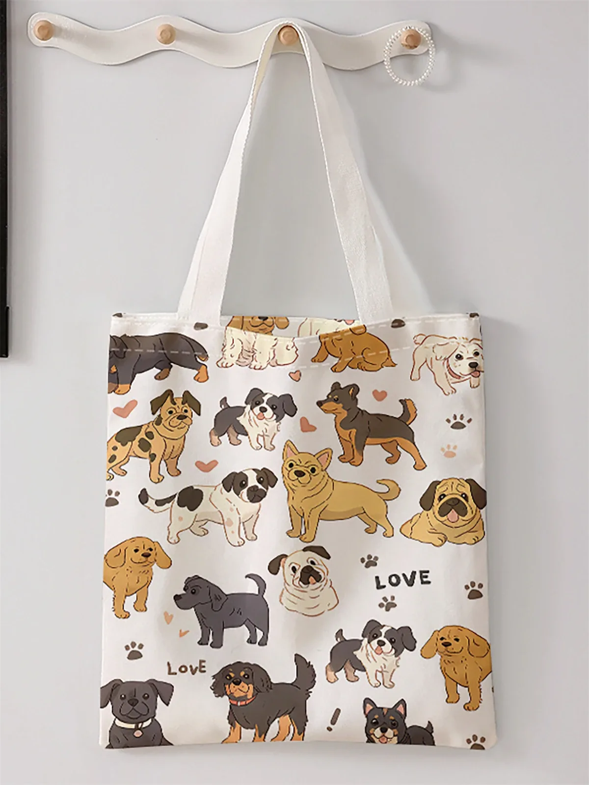 sac à main décontracté imprimé motif chien, sac à dos réutilisable à la mode, sac à main multifonctionnel, sac de shopping en toile