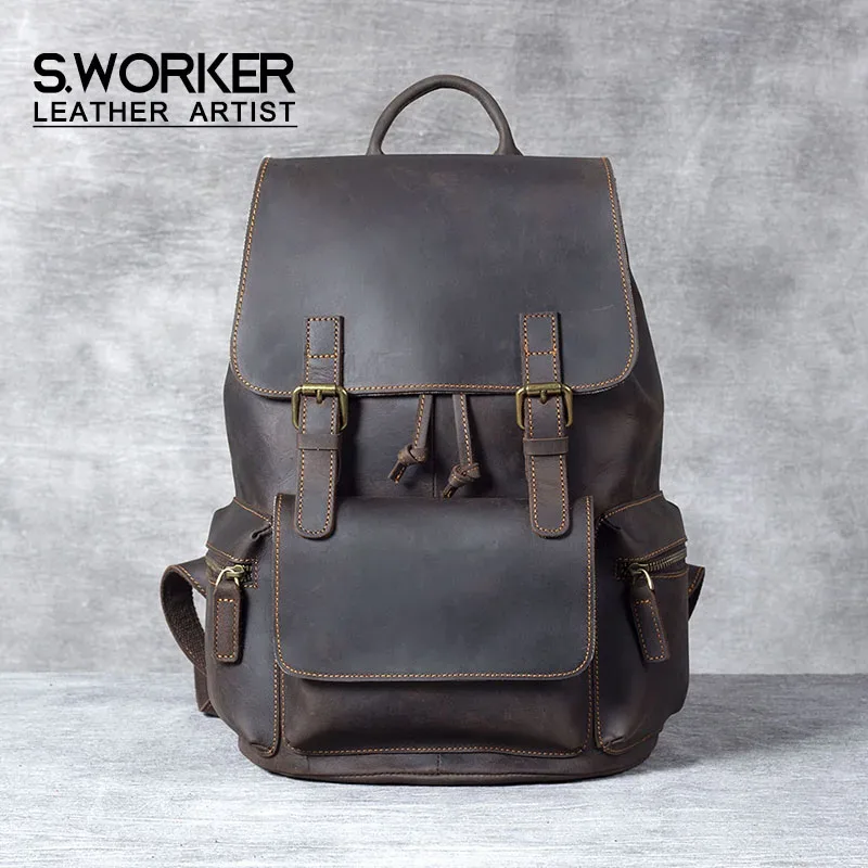 sac à dos vintage en cuir véritable s.worker, sac pour ordinateur portable, sac d'école décontracté en cuir crazy-horse