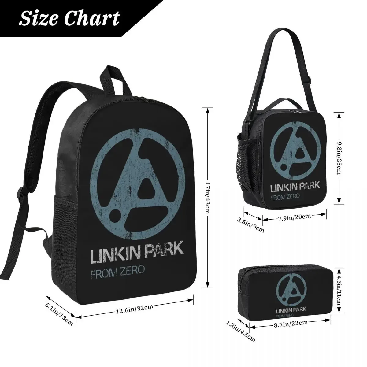 sac à dos linkin park pour garçons et filles, sac d'école, sac à bandoulière pour ordinateur portable, 3 pièces, sac à déjeuner isotherme, trousse à crayons