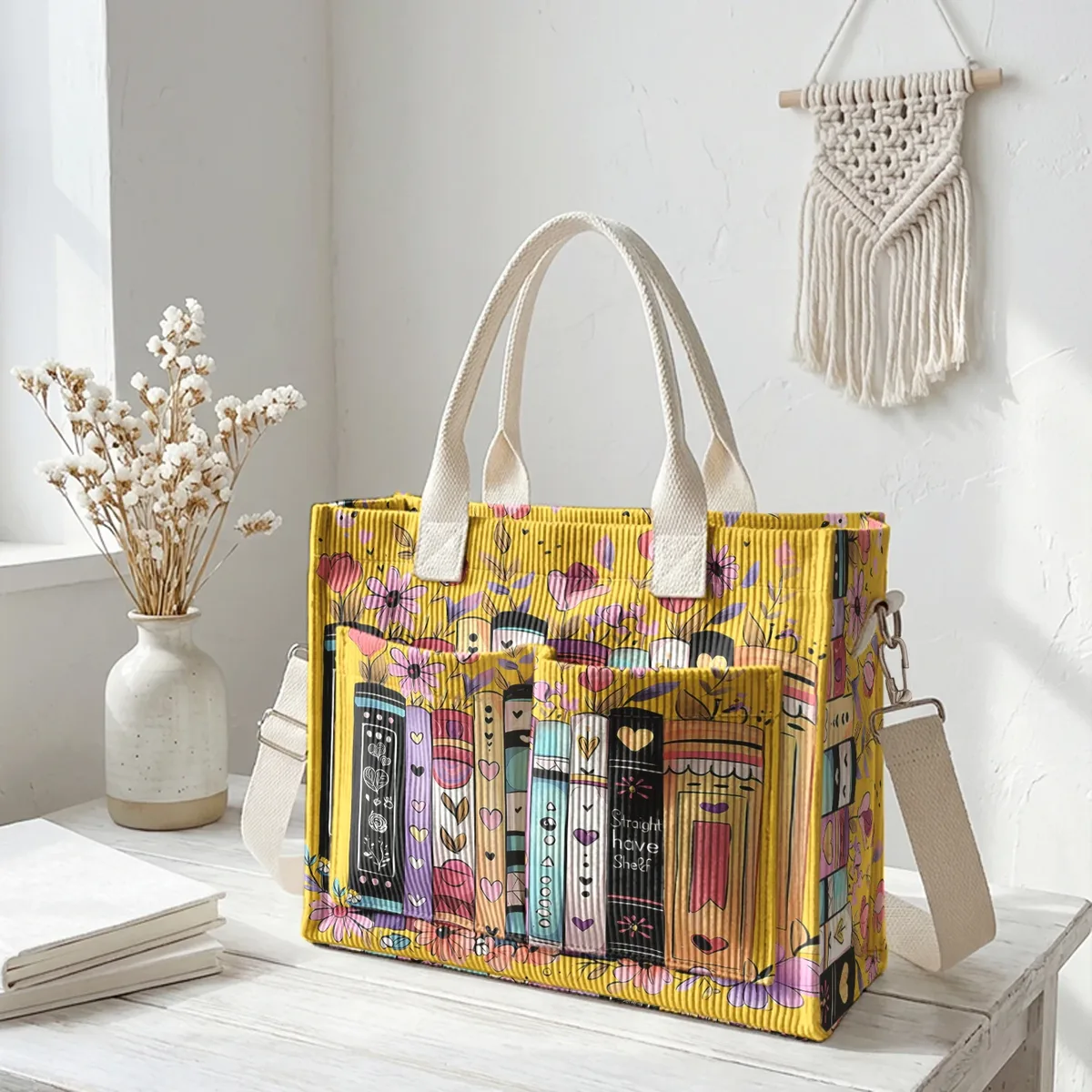 sac fourre-tout en velours côtelé imprimé livres et fleurs colorés, grande capacité, multi-poches, sac à bandoulière pour les trajets quotidiens