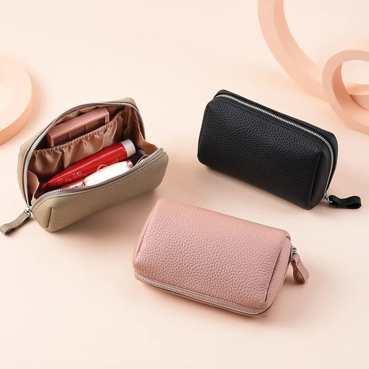 trousse de toilette de voyage en cuir pour femme, mini pochette cosmétique avec 3 compartiments, trousse de maquillage facile à nettoyer pour sac à main