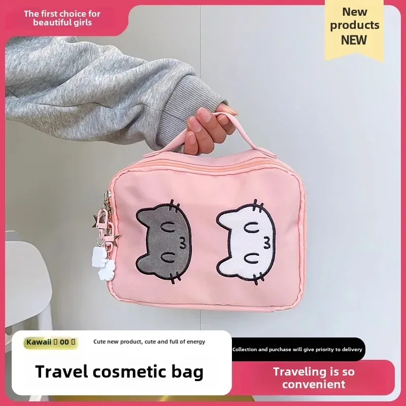 sac de rangement de maquillage portable rose bonheur chat, trousse de toilette de voyage, mignon petit arbre rouge, organisateur de papeterie, pochette cosmétique