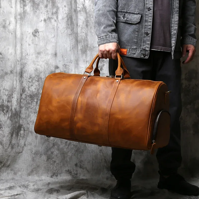 nzpj – sac à main rétro en cuir de cheval fou pour hommes, sac de voyage de grande capacité, sac à bandoulière avec couche supérieure en cuir de vache