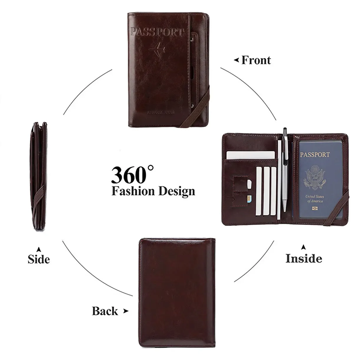 porte-passeport en cuir pour homme et femme, avec blocage rfid, portefeuille de voyage, étui pour passeport avec porte-stylo, emplacements pour deux cartes sim