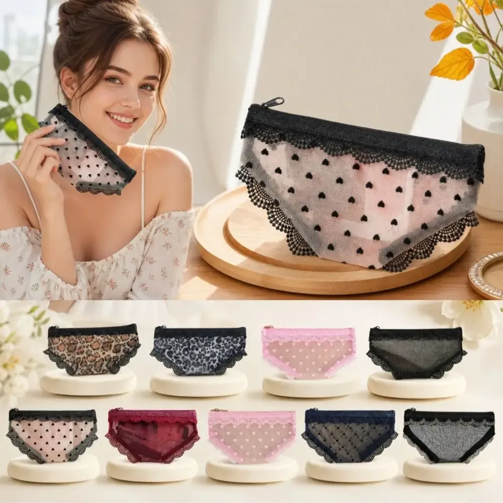 nouvelle trousse de toilette transparente en maille avec dentelle en forme de cœur y2k pour le rangement de maquillage et de cosmétiques en voyage