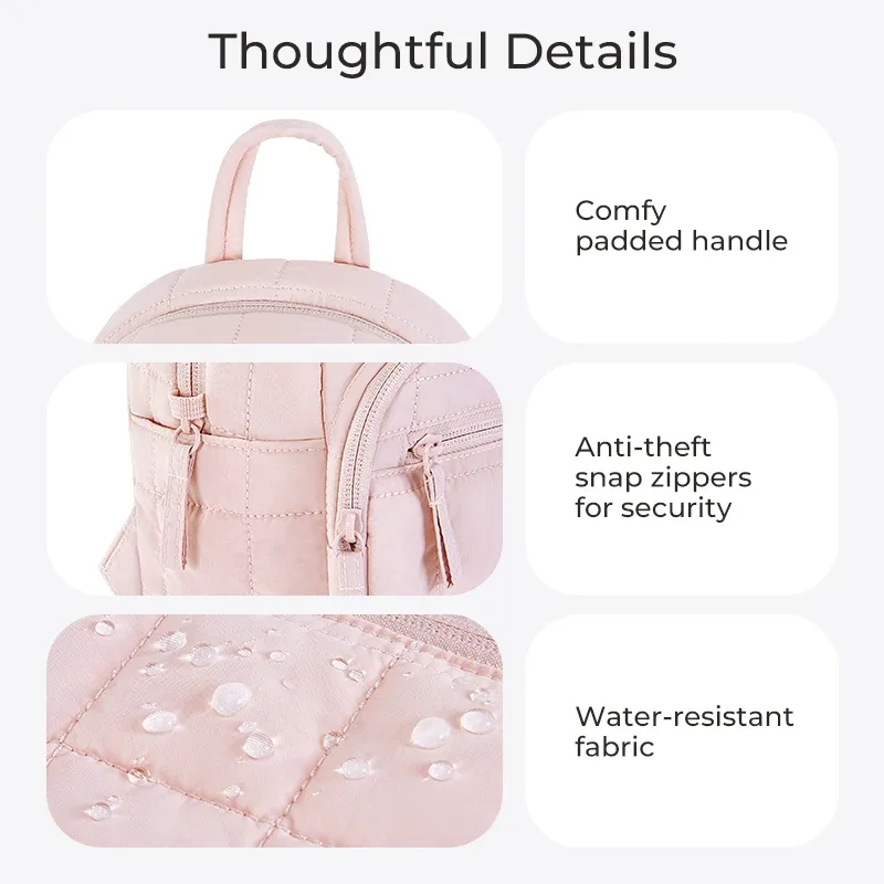 sac dos polyester rose pâle motif géométrique relief matelassé poches pratiques anti-vol organisation objet essentiels voyage