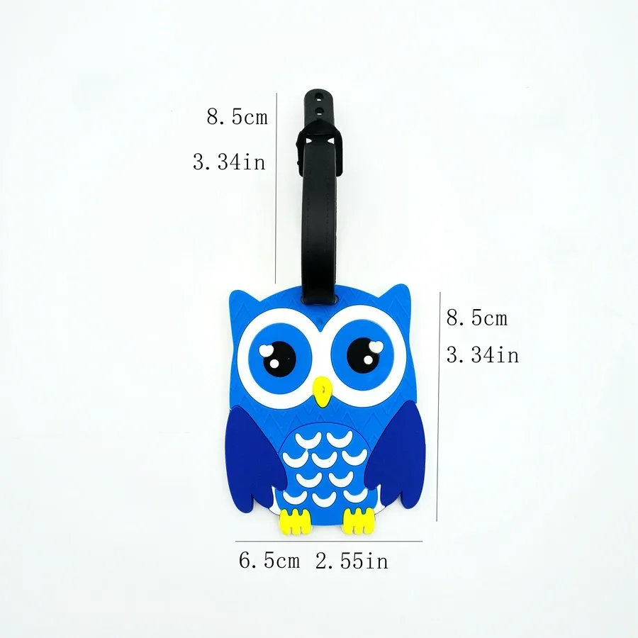 étiquette bagage pvc hibou bleu jaune marron oeil grand ouvert accessoire voyage identification anti perte aéroport