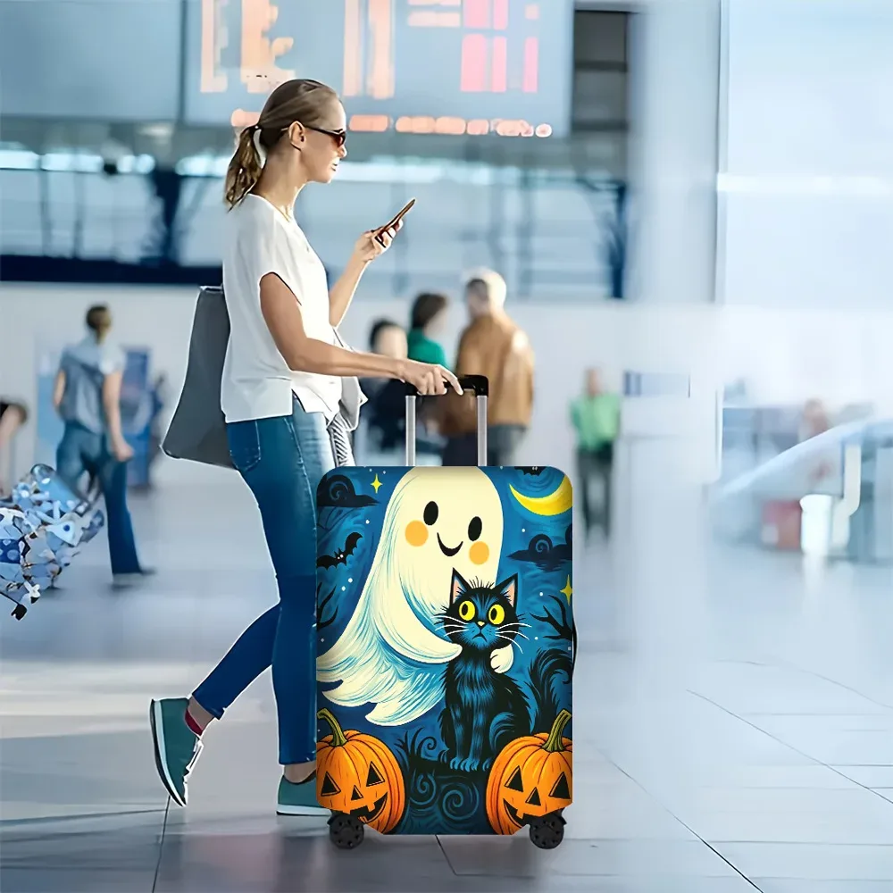 1 housse de bagage à imprimé fantôme et chat pour halloween, pour bagages de 18 à 32 pouces ; accessoires de voyage anti-poussière et élastiques pour une protection efficace