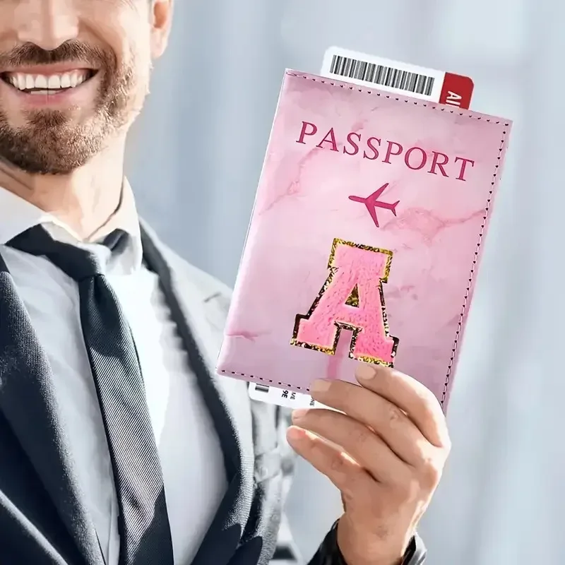 porte-passeport en cuir pu rose avec étiquette brodée, étui pour billets et cartes de crédit, accessoires de voyage