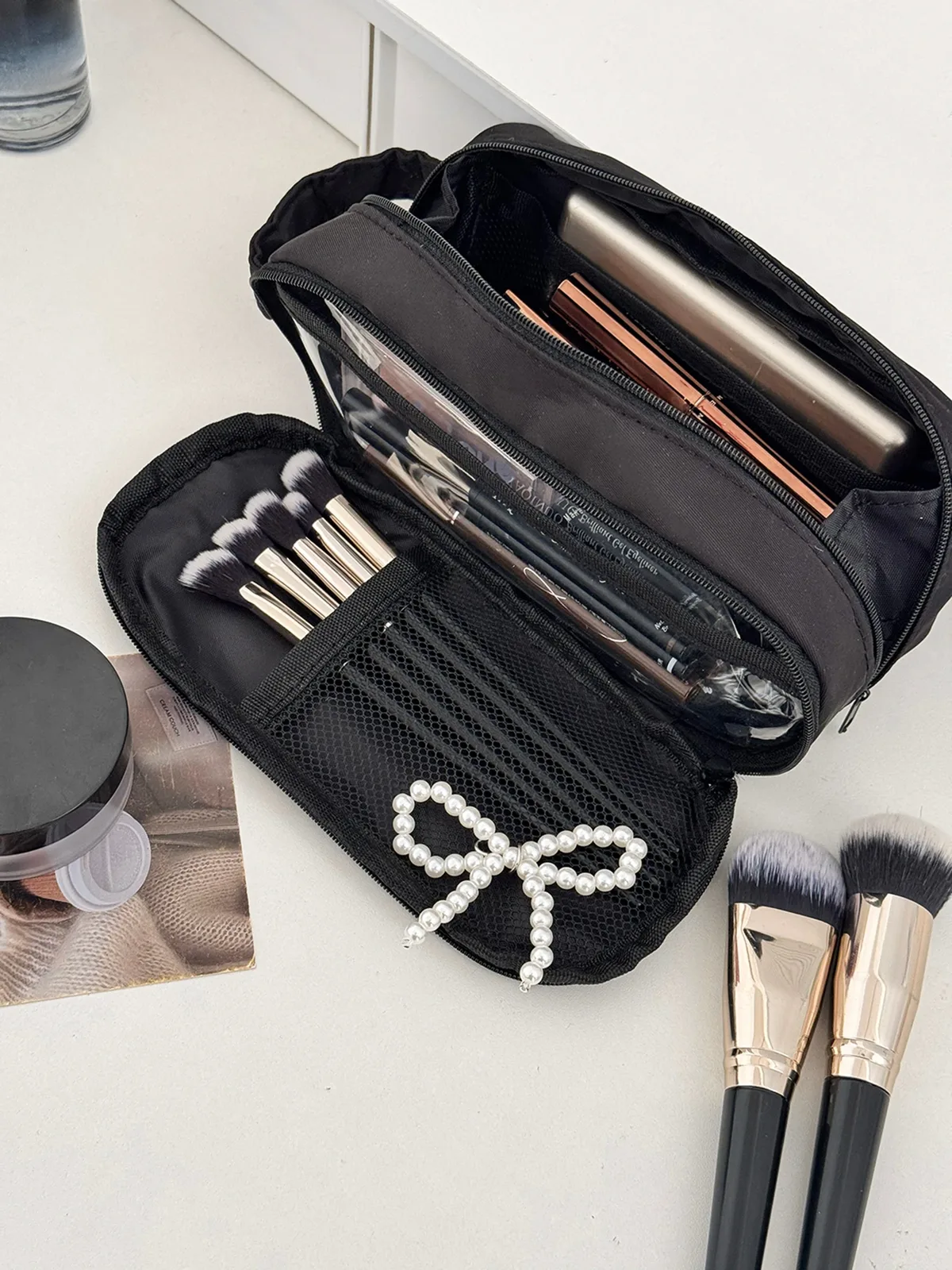 sac de toilette noir airfriend, sac de maquillage de luxe pour voyage avec poignée, sac de maquillage pour femmes, grande pochette de rangement pour articles de toilette, vente en gros