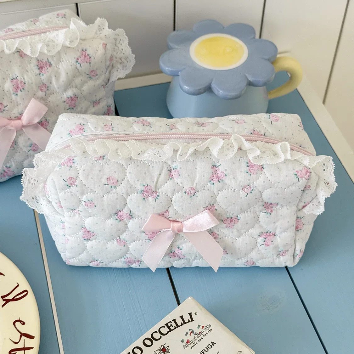 petite trousse de maquillage en dentelle à fleurs roses pour femmes, organisateur de voyage, pièces de monnaie cosmétiques, pochette pour filles, mignon nœud carré, sacs portefeuille à fermeture éclair