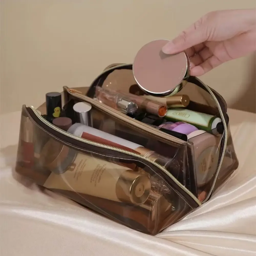 grande trousse de maquillage transparente en forme d'oreiller avec fermeture éclair, sac de toilette pour femme, imperméable, poignée supérieure, sacs de toilette transparents
