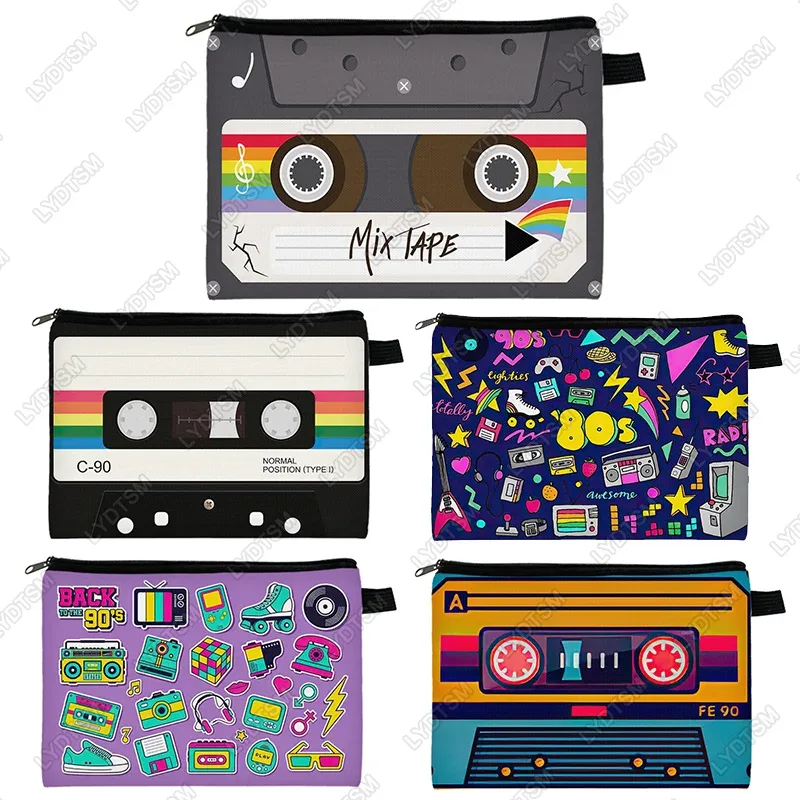 Boîte à cassettes années 80 et 90, étui à cosmétiques graphique, cassette de mixage musical, sacs à maquillage pour femmes, sacs de rangement pour rouge à lèvres, trousse de toilette old school