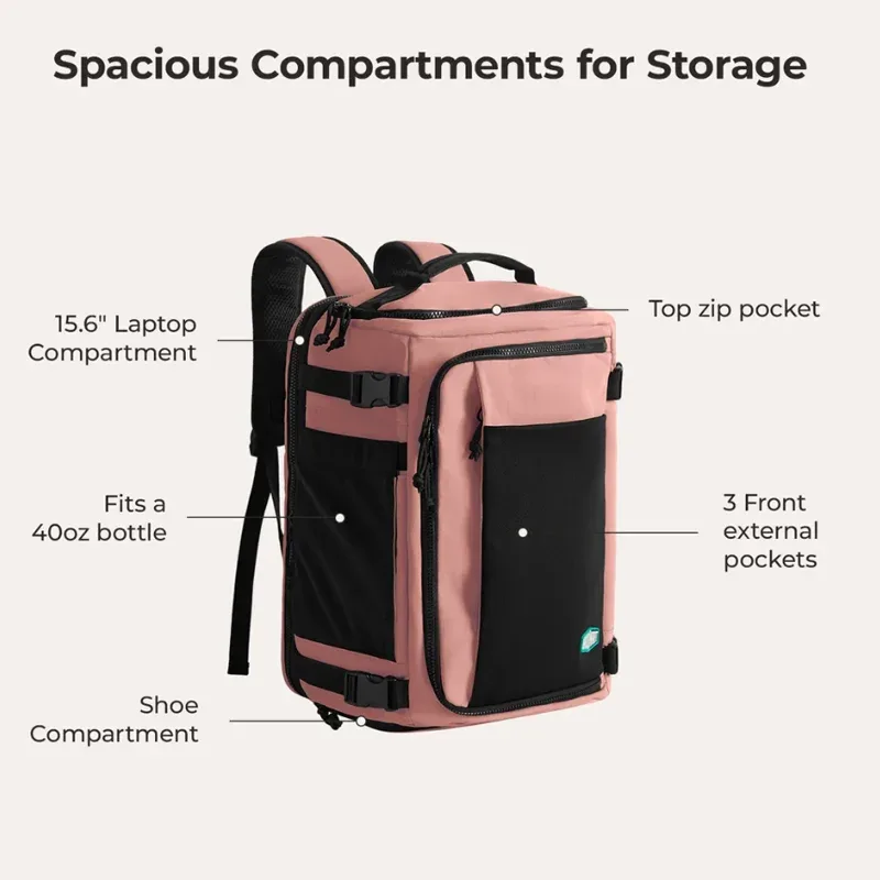 sac dos nylon rose compartiment chaussures poche ordinateur portable poches avant antivol capacité extensible usage voyage