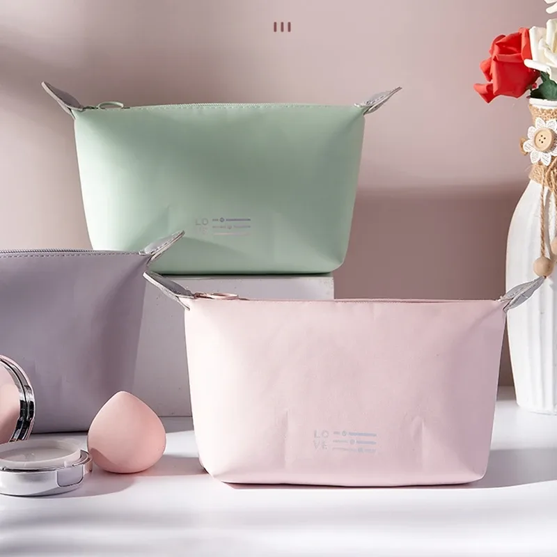 trousse pu leather solid color zip cosmétique vert pastel rose pâle gris perle petite pochette rectangulaire voyage beauté maquillage