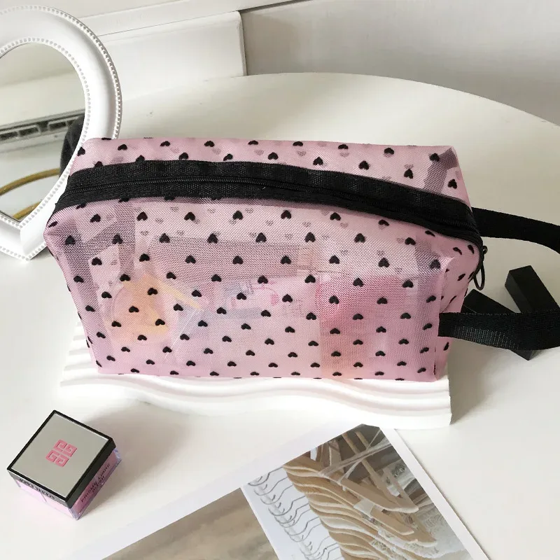 trousse de maquillage d'extérieur personnalisée en maille de nylon transparente, sacs à cosmétiques, pochette d'organisation de voyage, fermeture éclair, maquillage de plage, sac à main pour femmes