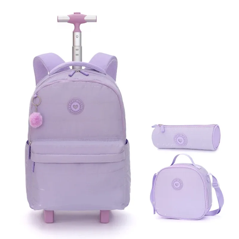 sac dos polyester rose compartiment principal roues intégrées poches latérales sacs école filles voyage